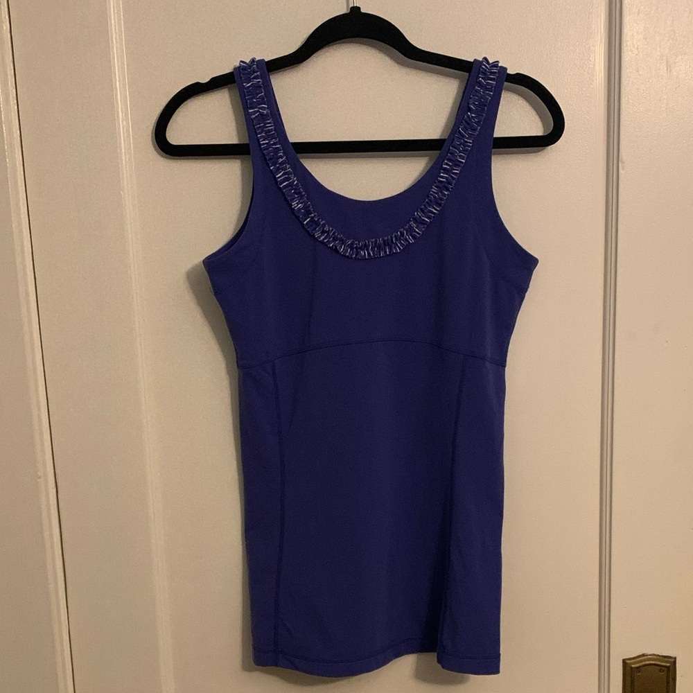 Lucy purple/blue athletic tank top w/white and purple ruffle, Womens size Small